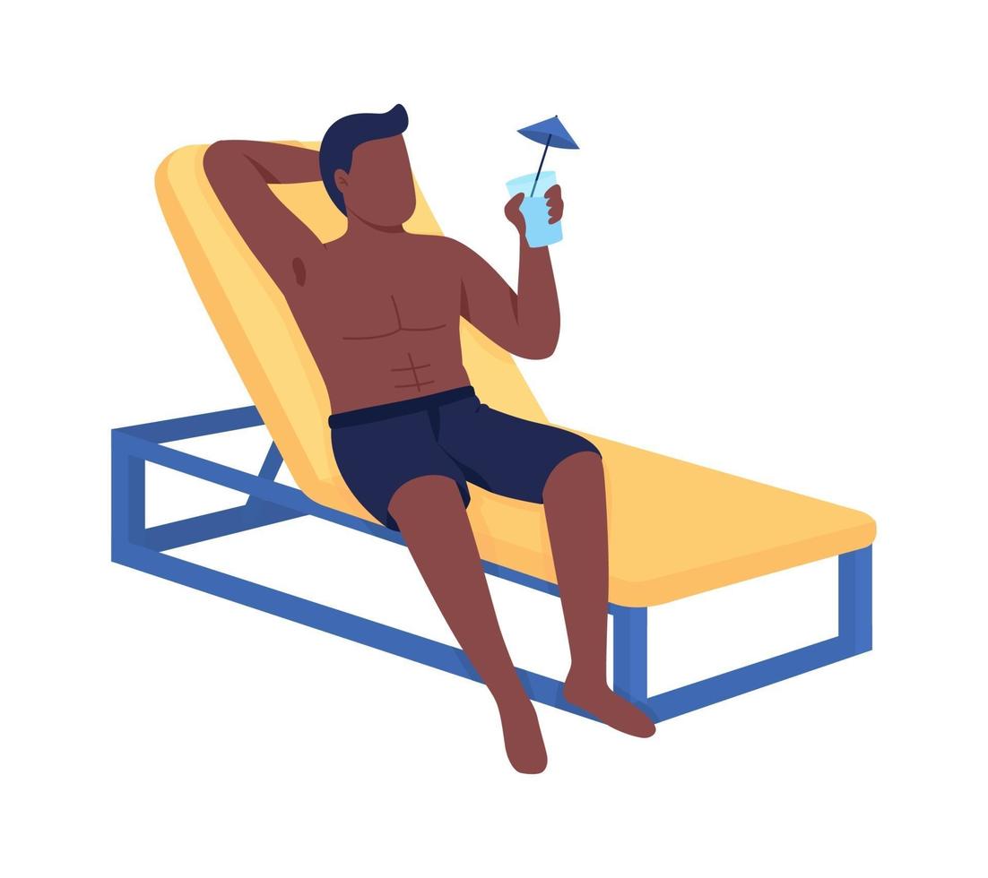 Man in lounger drinks cocktail semi flat color vector character