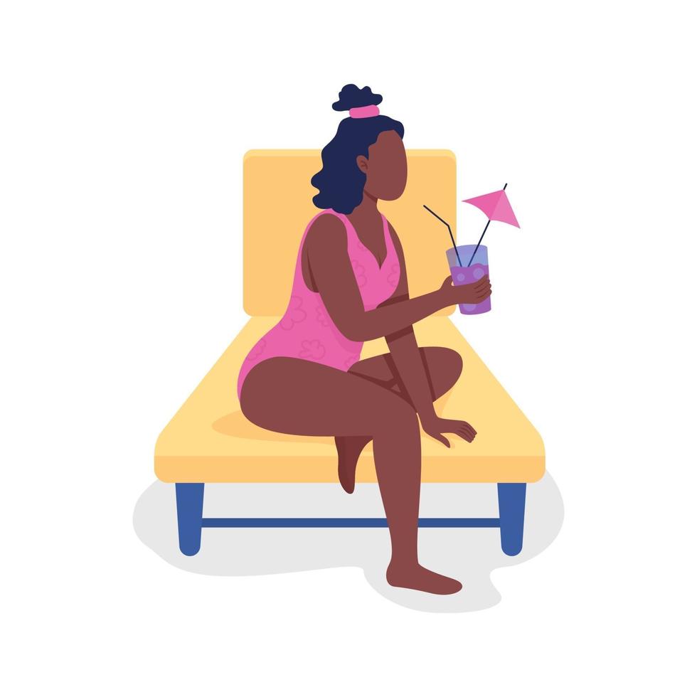 Young lady with tropical beverage semi flat color vector character