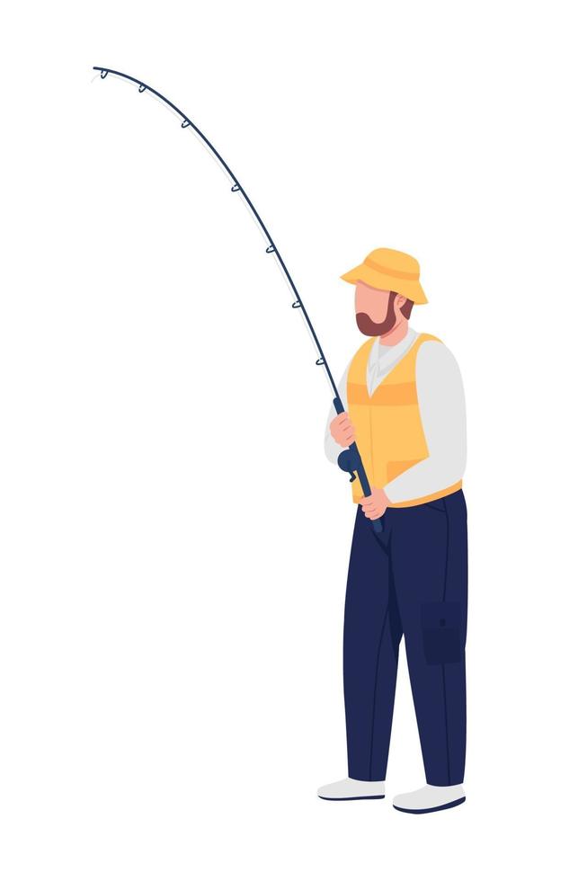 Bearded man with spinning rod semi flat color vector character