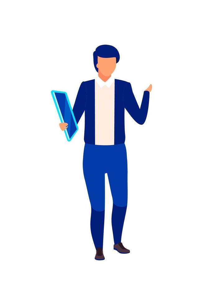 Male television presenter with tablet semi flat color vector character