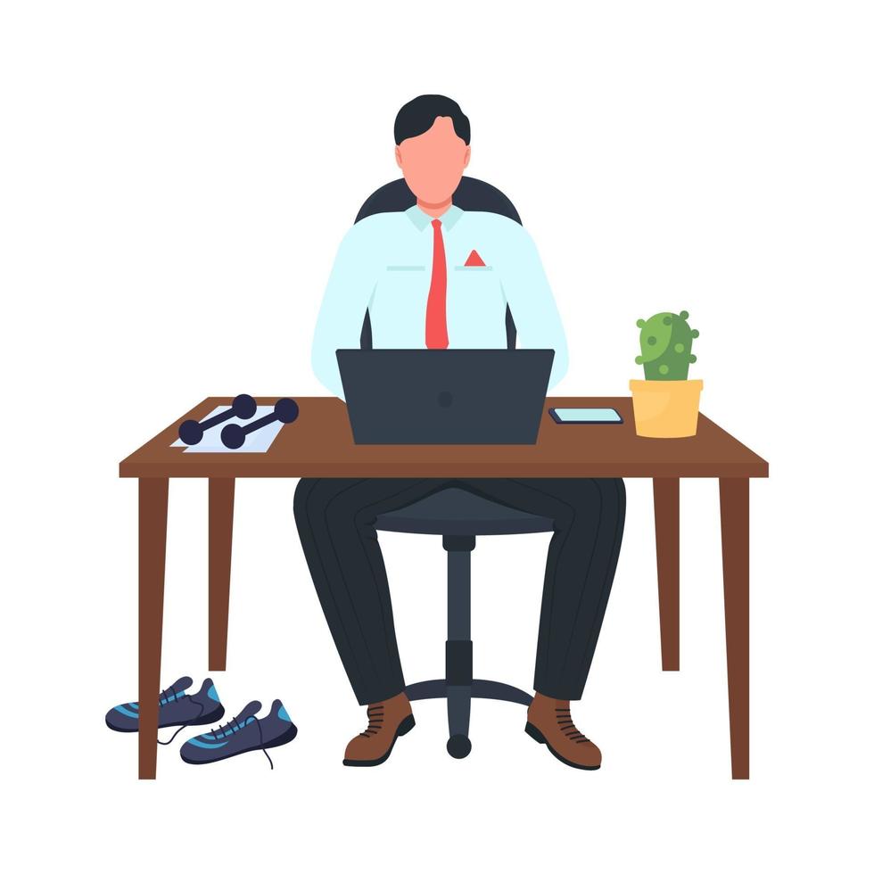 Desk-based employee with dumbbells semi flat color vector character