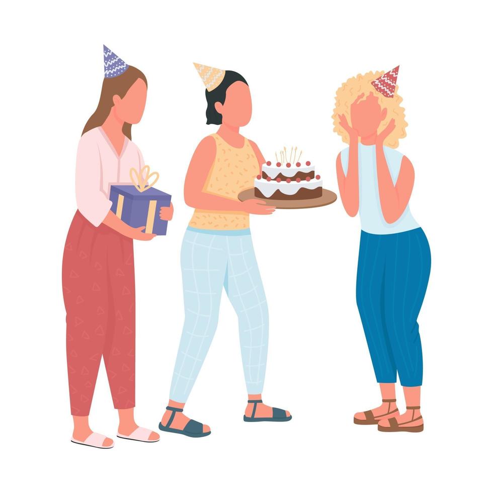 Girls presenting birthday surprise for friend flat color characters vector