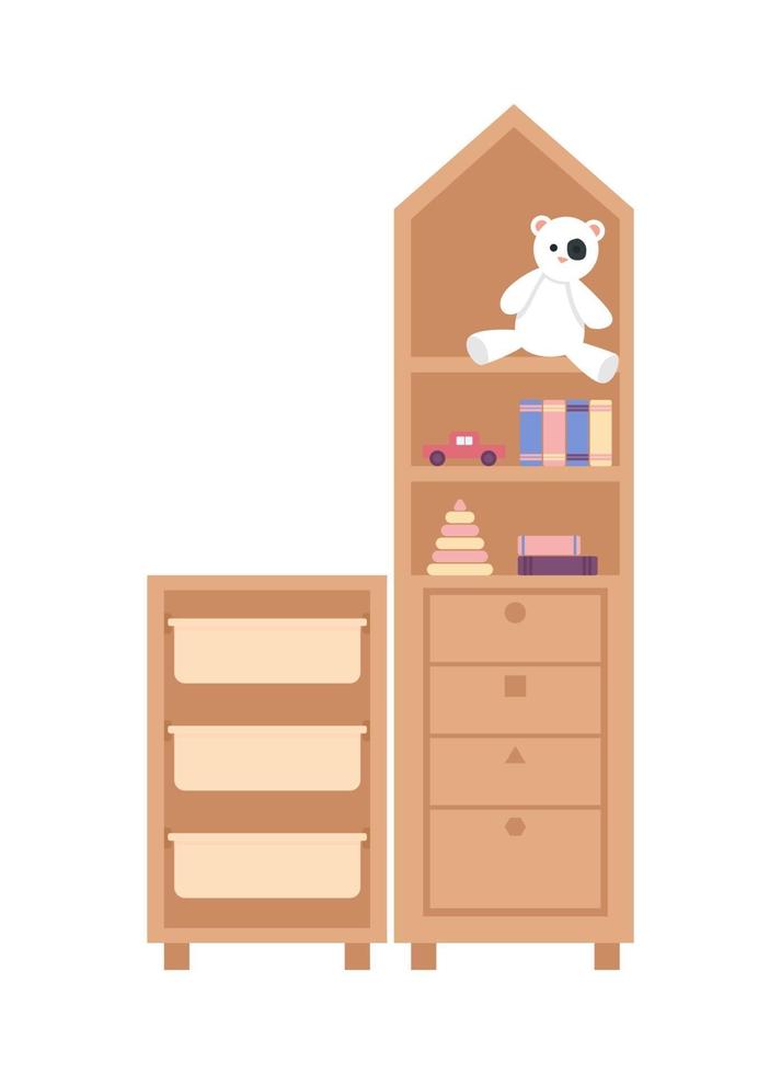 Bookshelf with toys and books semi flat color vector object