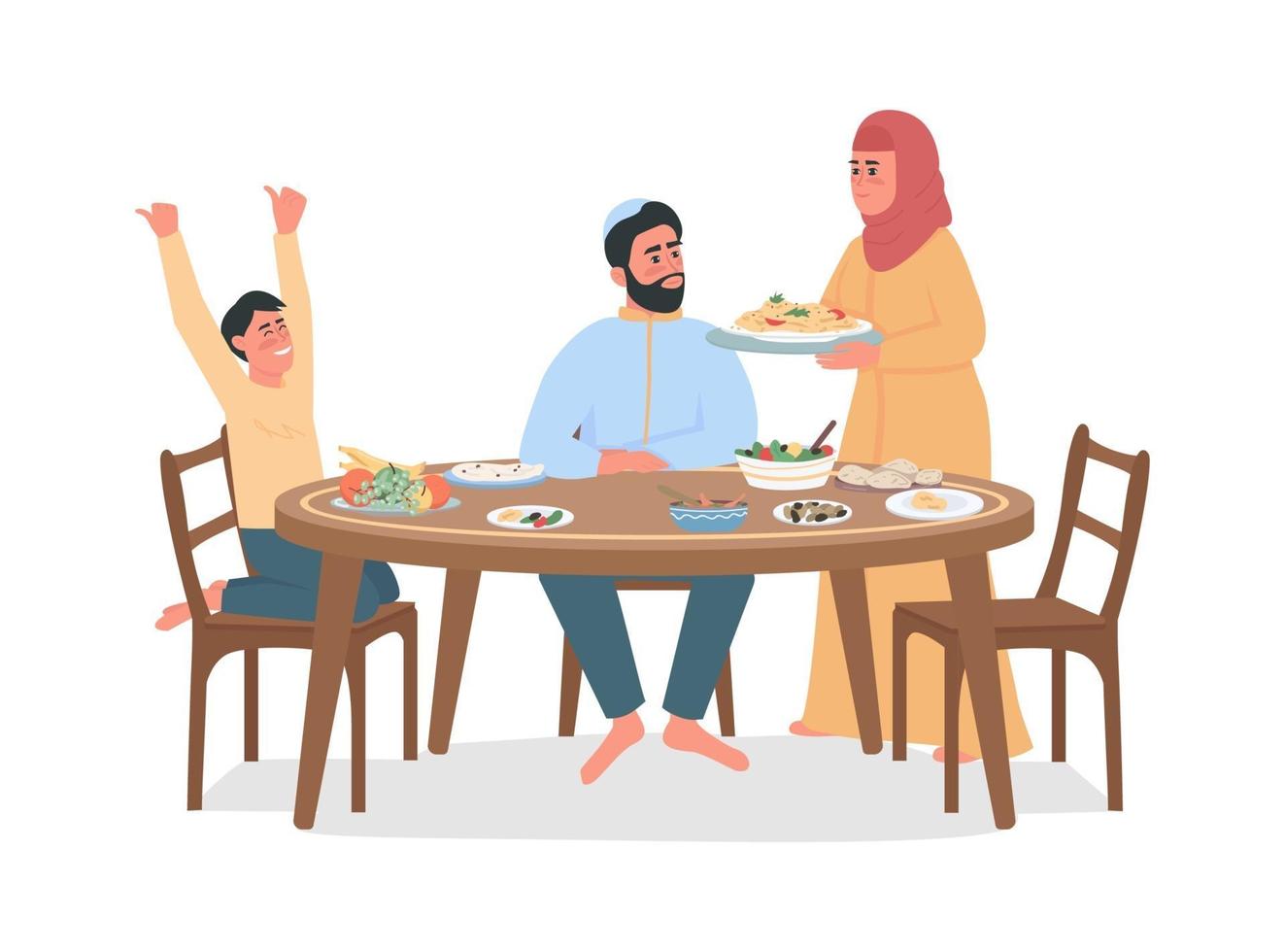 Family eating dinner together semi flat color vector characters