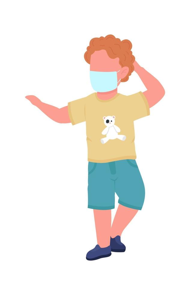 Absent-minded child with face mask semi flat color vector character