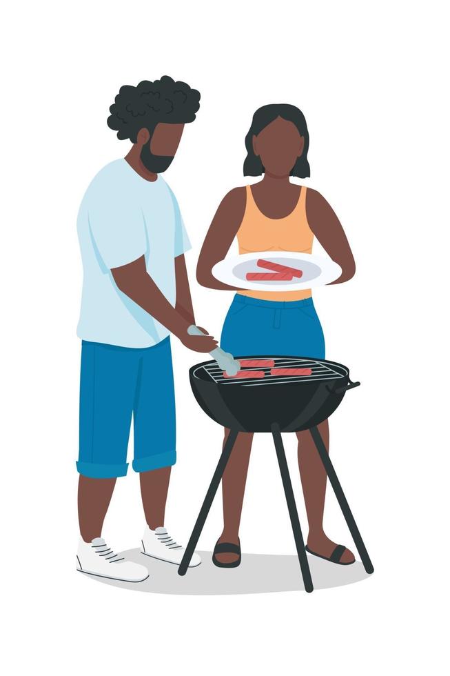 pareja organizando fiesta de barbacoa personajes de vector de color semi plano