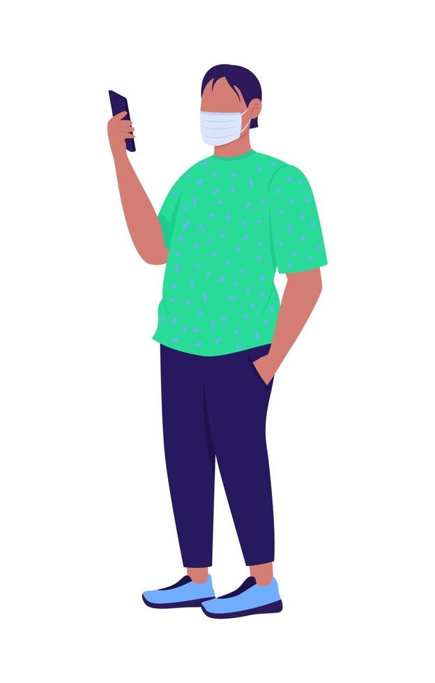 Man wearing face mask correctly semi flat color vector character