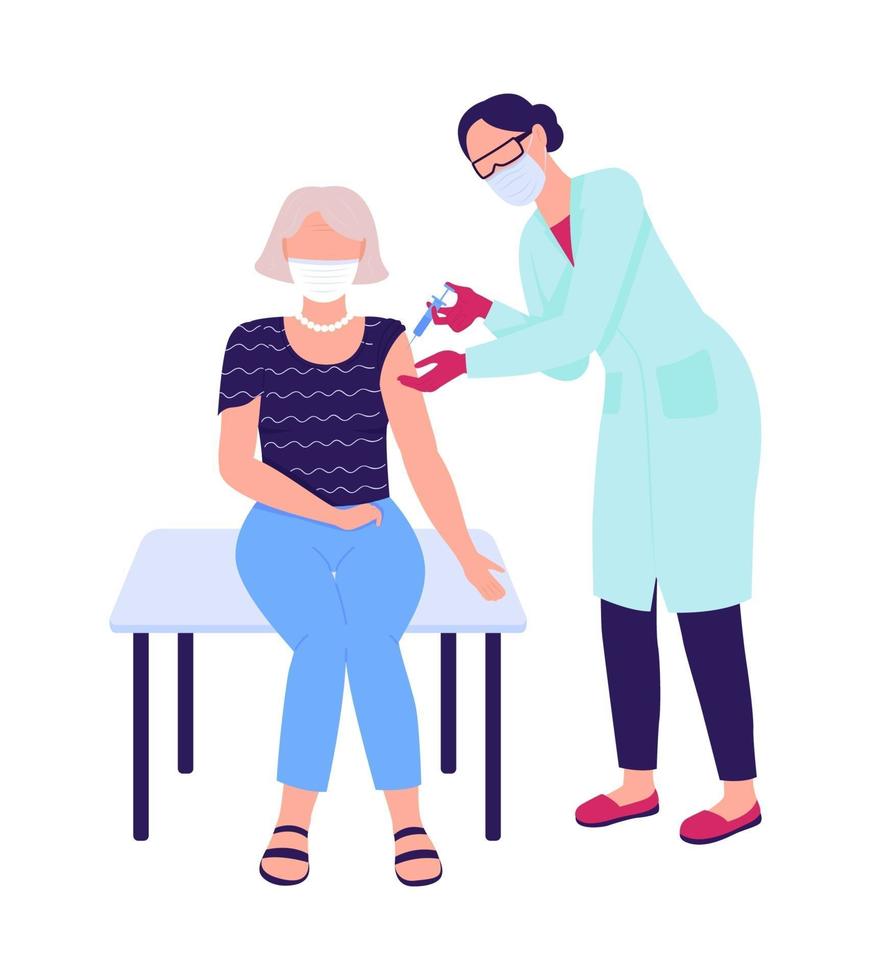 Old woman getting covid vaccine semi flat color vector characters