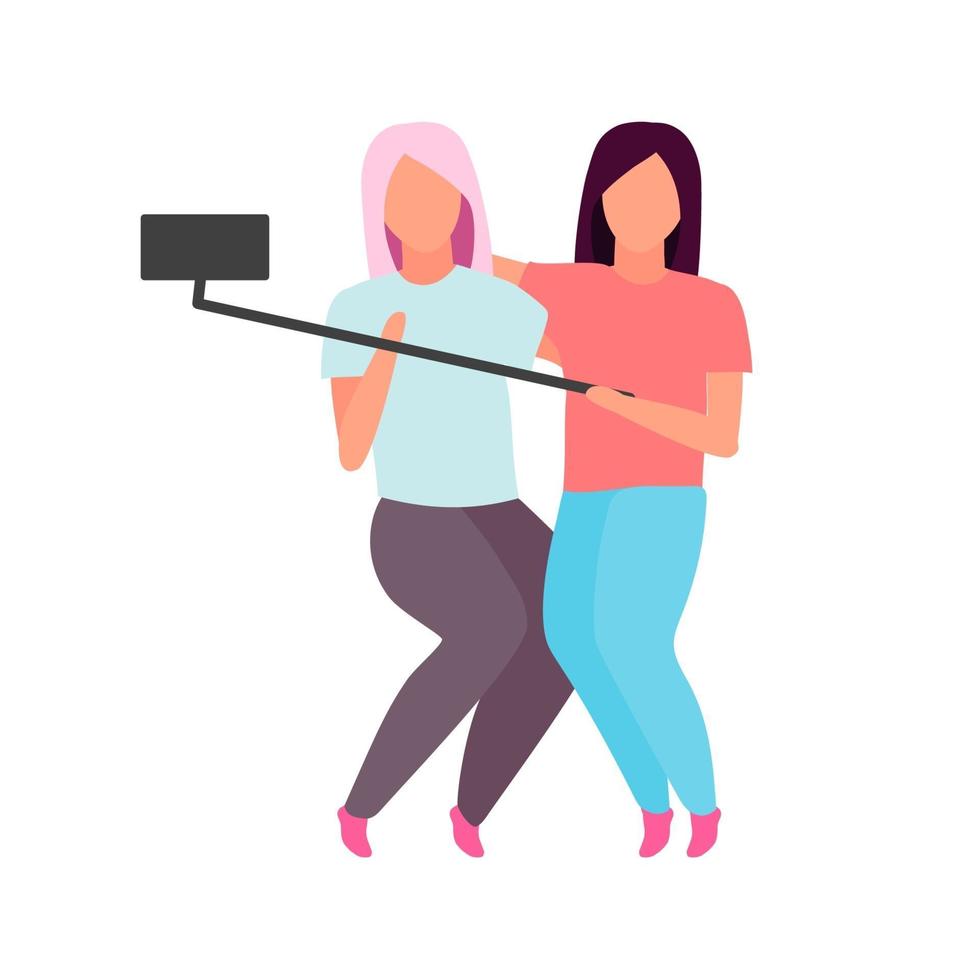 amigas haciendo fotos con personajes de color plano selfie stick vector