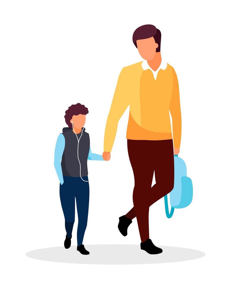 Dad with son walking to school semi flat color vector characters