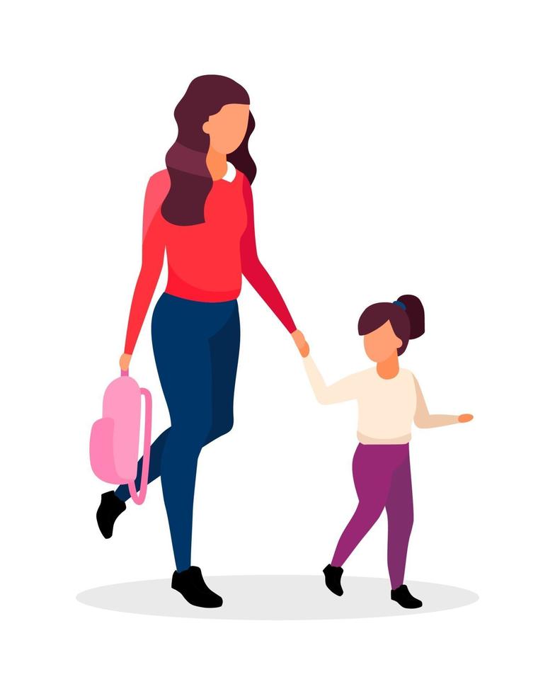 Mom and daughter going to school semi flat color vector characters