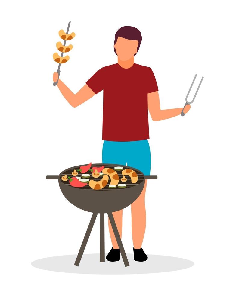 Guy arranging backyard barbecue semi flat color vector character