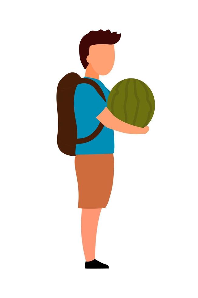 School boy with watermelon semi flat color vector character