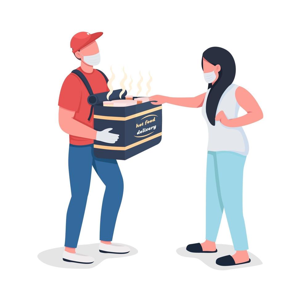 Courier delivering hot meals to client flat color vector characters