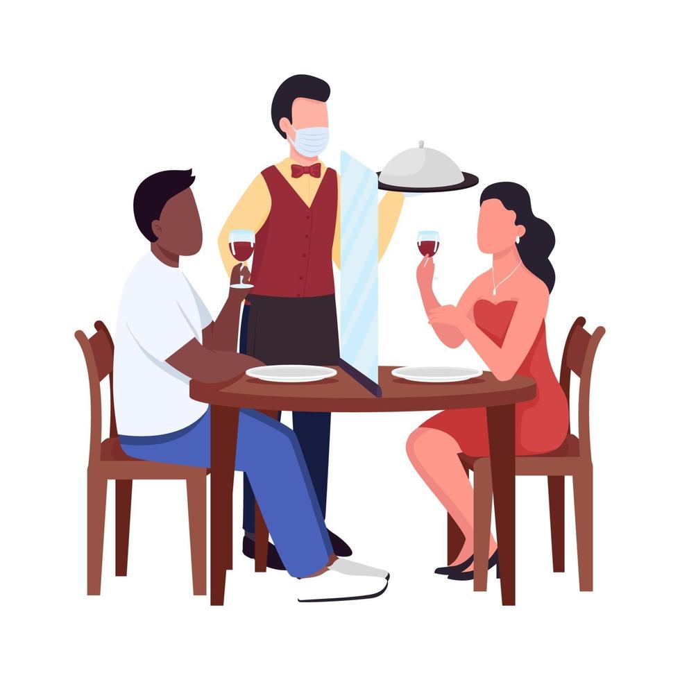 Serving restaurant guests with safety measures flat color characters vector