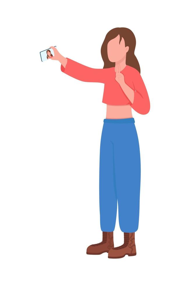 mujer joven toma selfie carácter vectorial de color semi plano vector