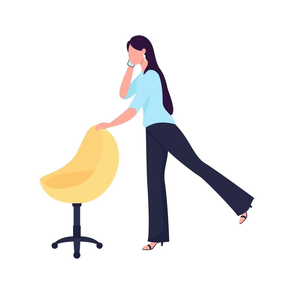 Female worker warming up with office chair flat color vector character