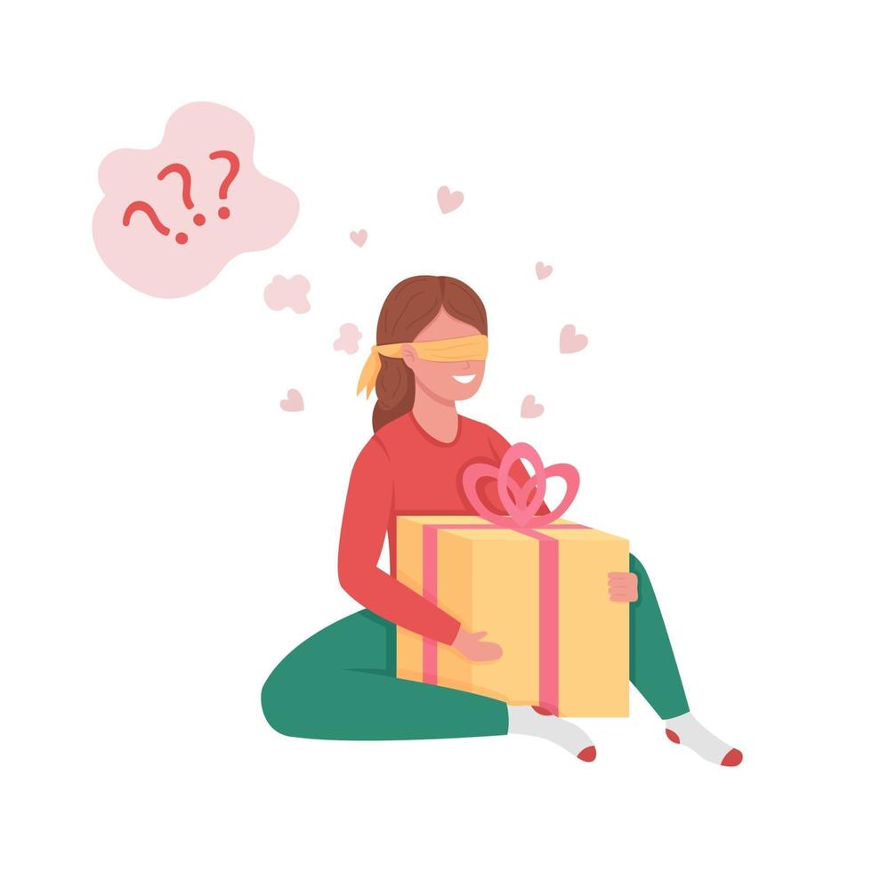 Young lady trying to guess gift box content flat color character vector