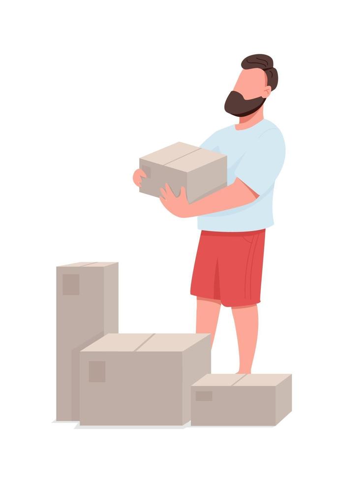 hombre desembalaje de cajas después de mover el carácter vectorial de color semiplano vector