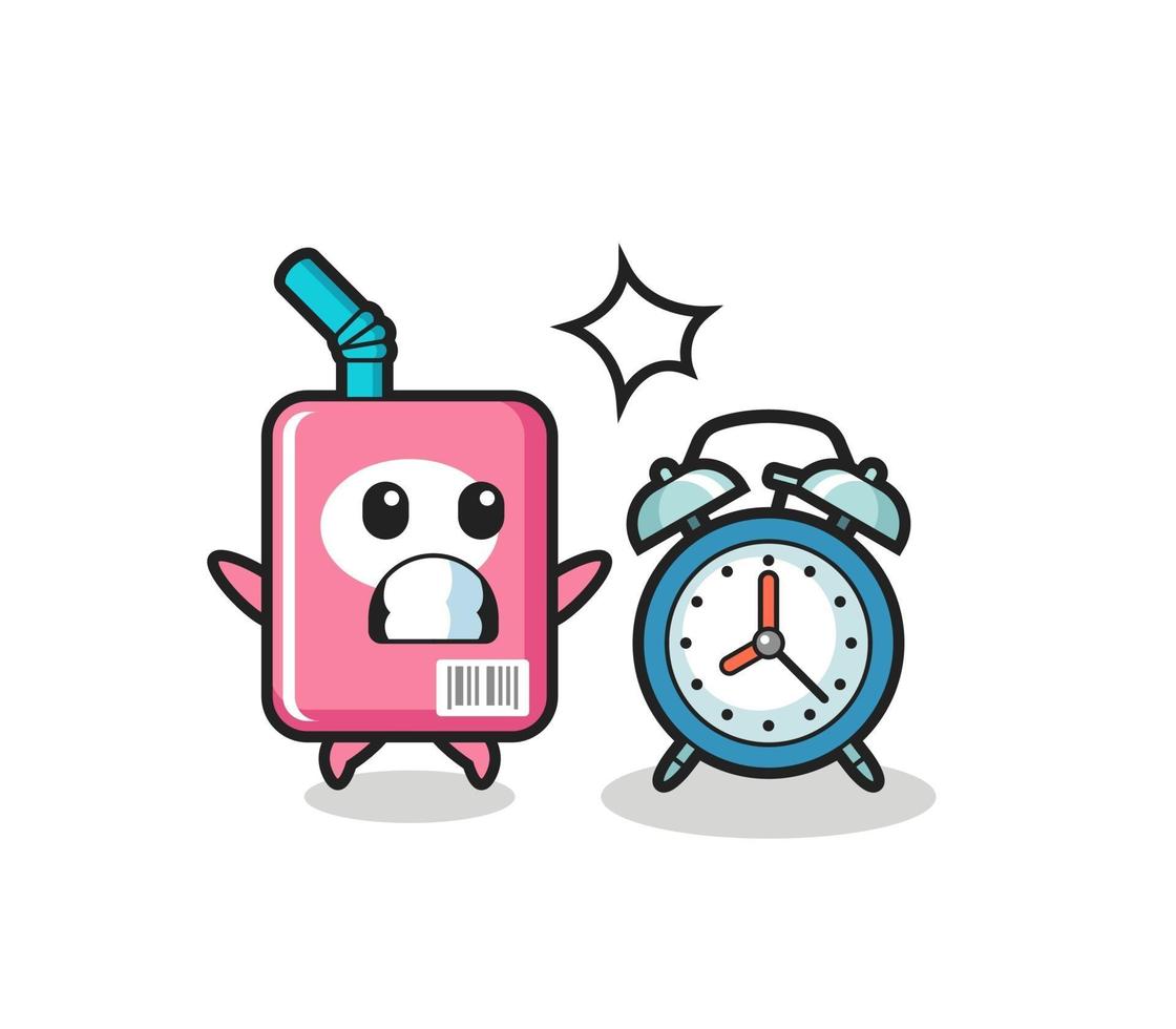 Cartoon Illustration of milk box is surprised with a giant alarm clock vector