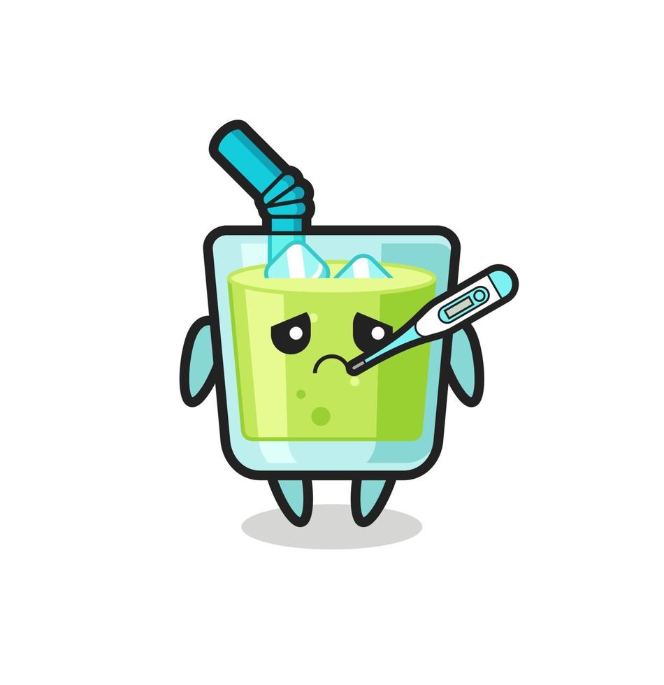 Personaje de mascota de jugo de melón con condición de fiebre. vector