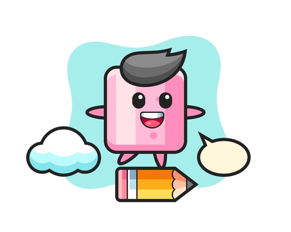 marshmallow mascot illustration riding on a giant pencil vector