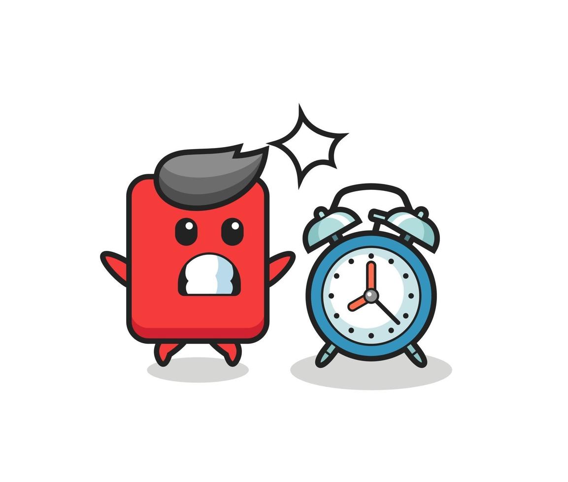 Cartoon Illustration of red card is surprised with a giant alarm clock vector