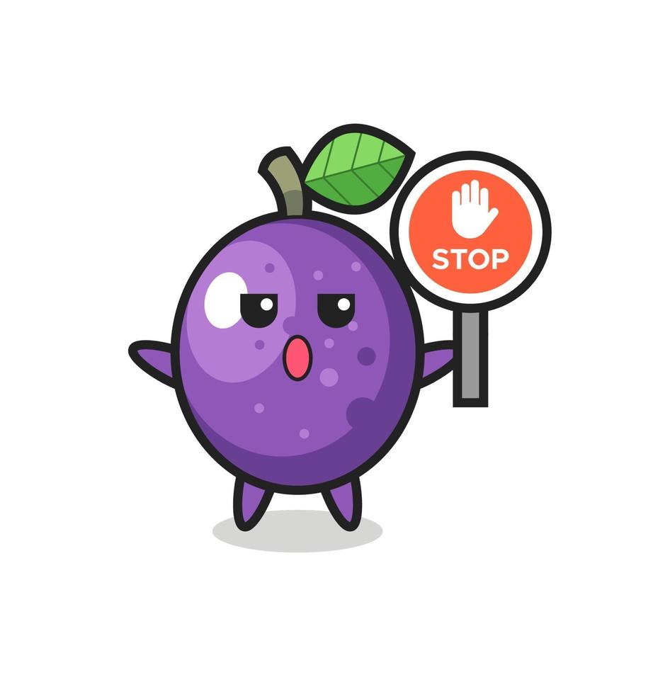 ilustración de personaje de fruta de la pasión con una señal de stop vector