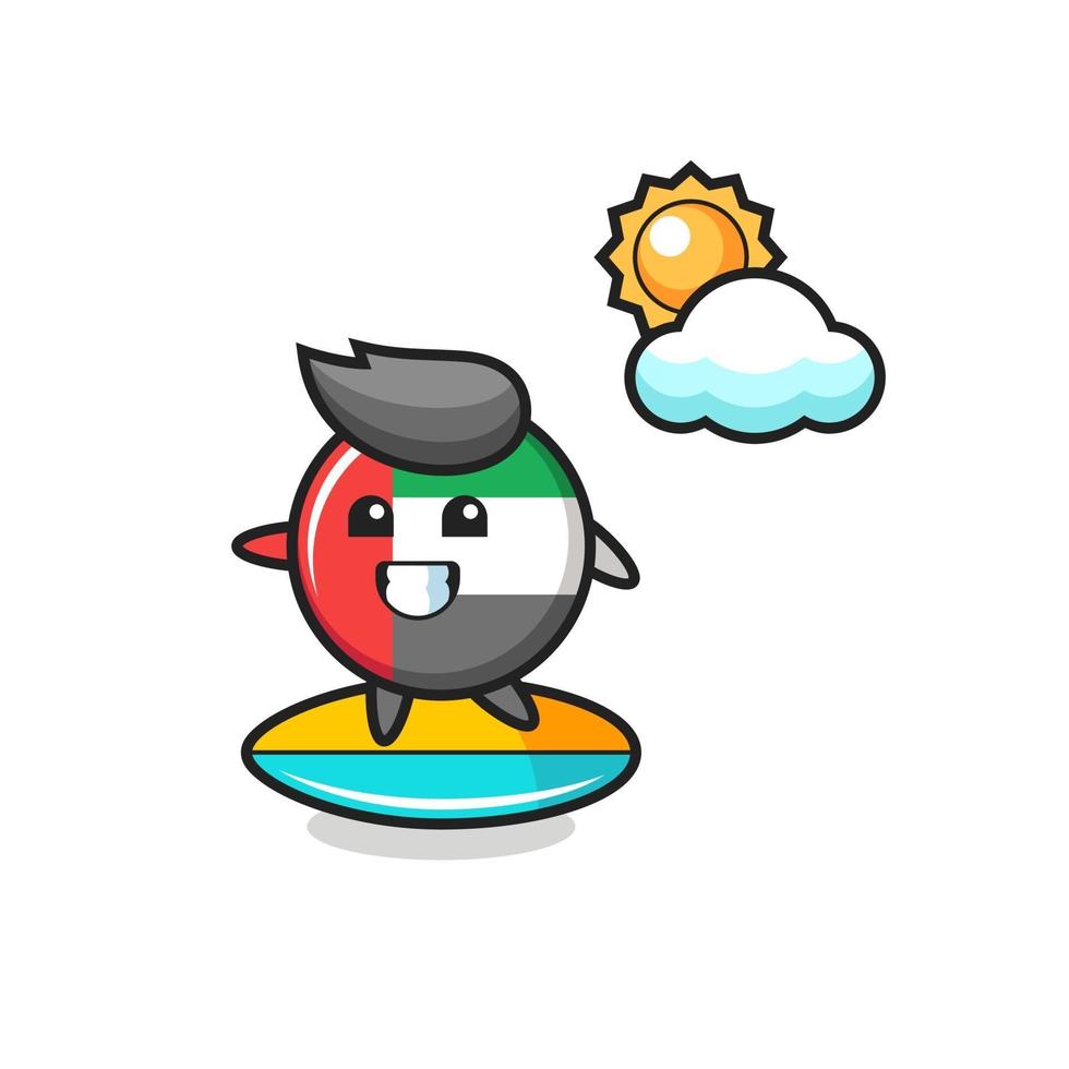 Illustration of uae flag badge cartoon do surfing on the beach vector