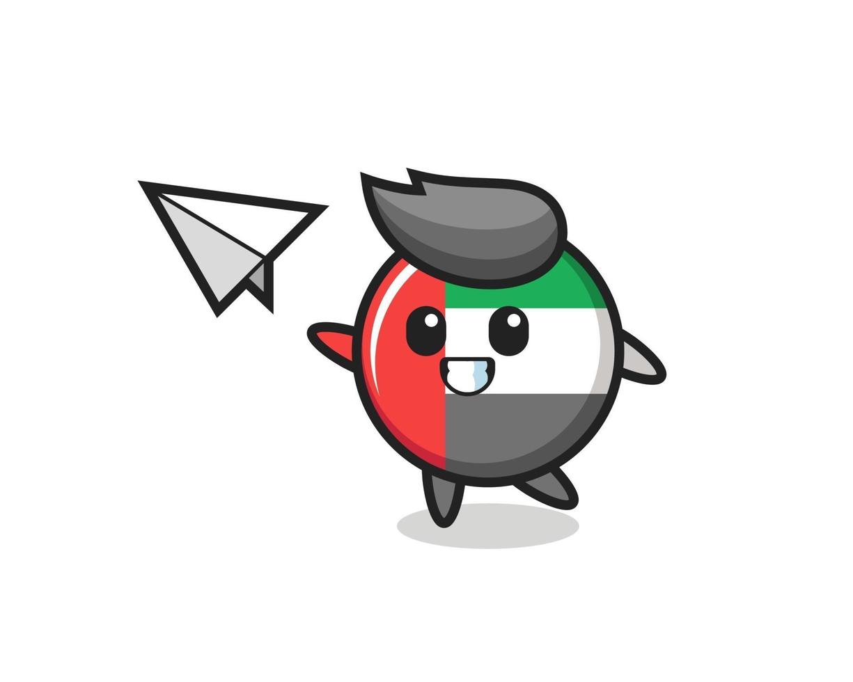 uae flag badge cartoon character throwing paper airplane vector