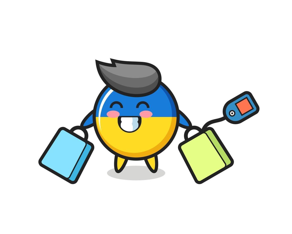 ukraine flag badge mascot cartoon holding a shopping bag vector