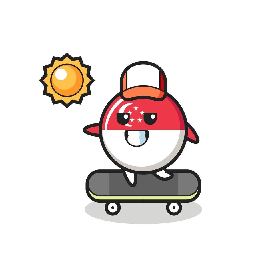 singapore flag badge character illustration ride a skateboard vector