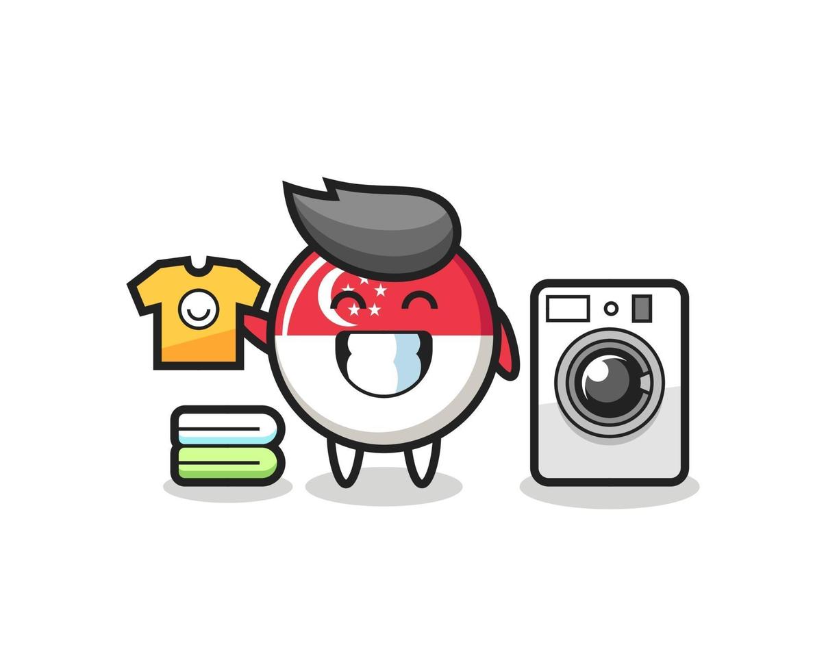 Mascot cartoon of singapore flag badge with washing machine vector