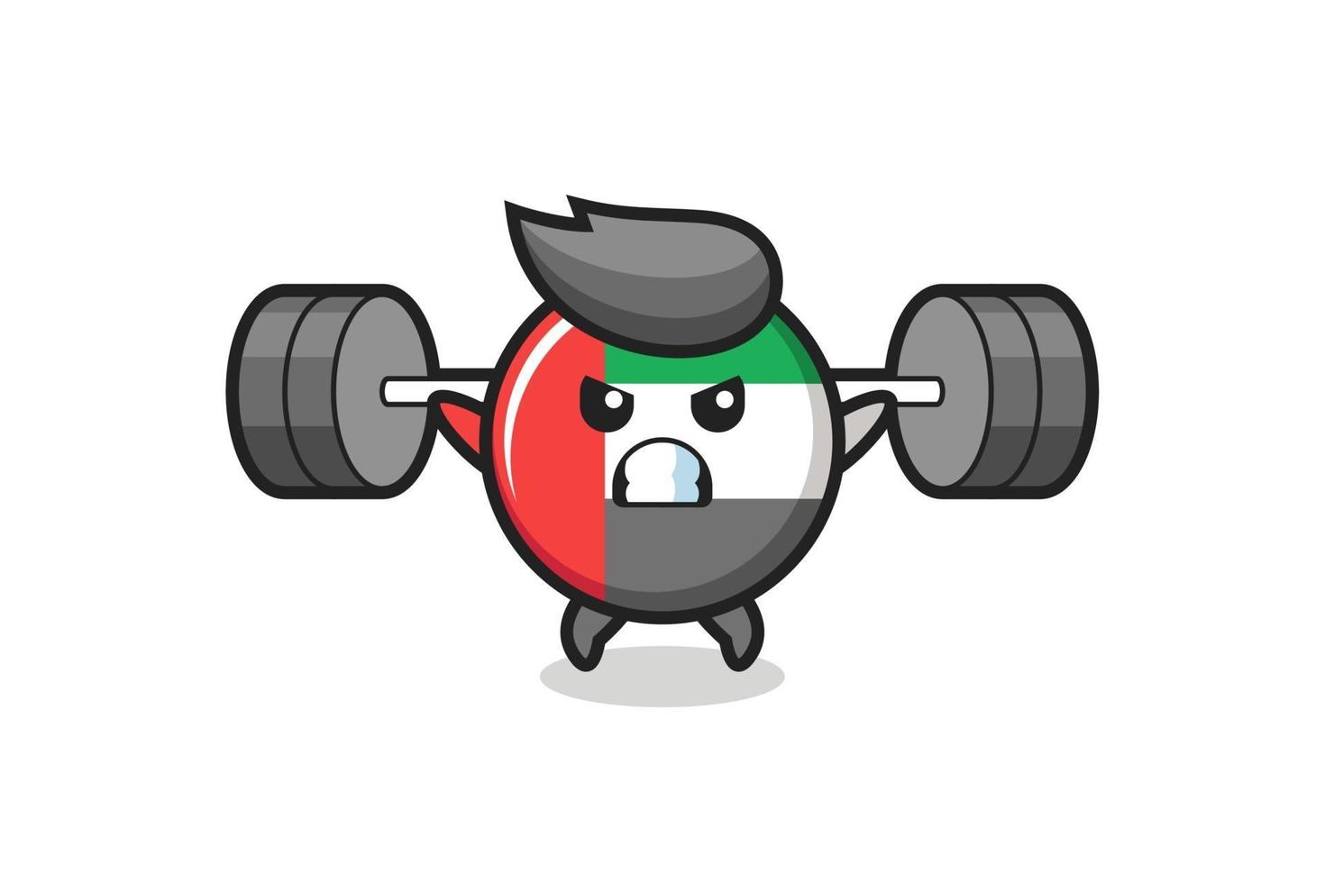 uae flag badge mascot cartoon with a barbell vector