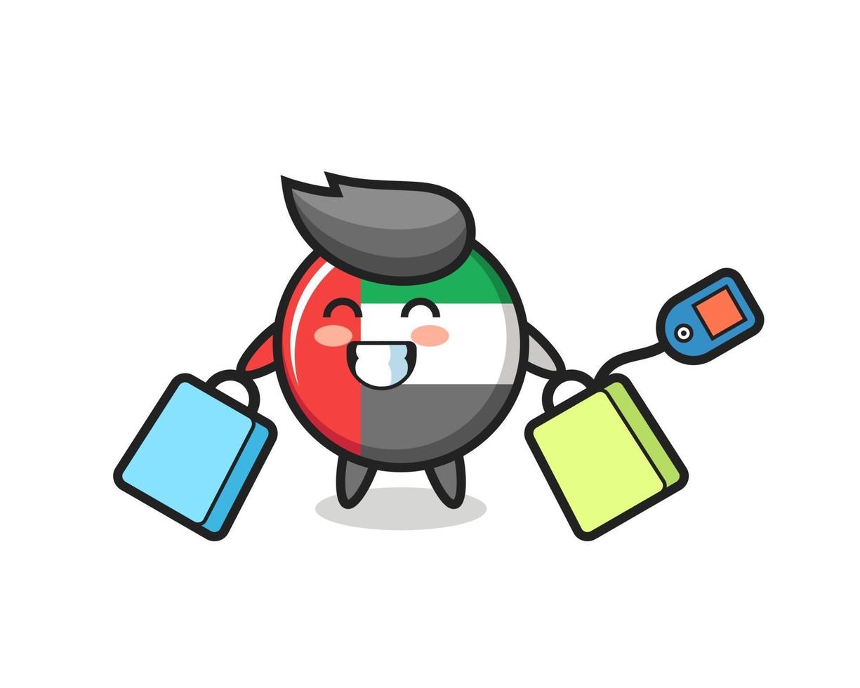 uae flag badge mascot cartoon holding a shopping bag vector