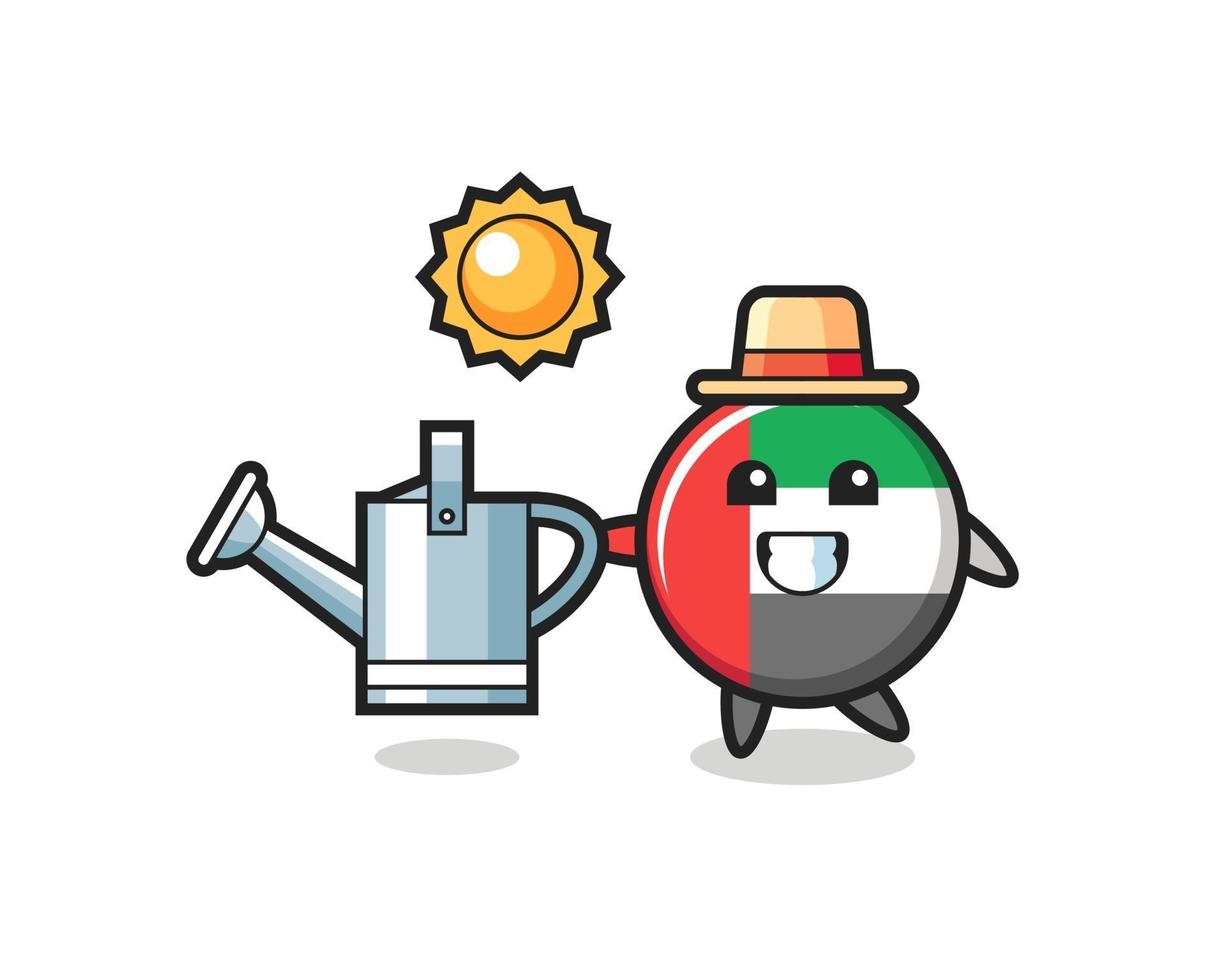 Cartoon character of uae flag badge holding watering can vector