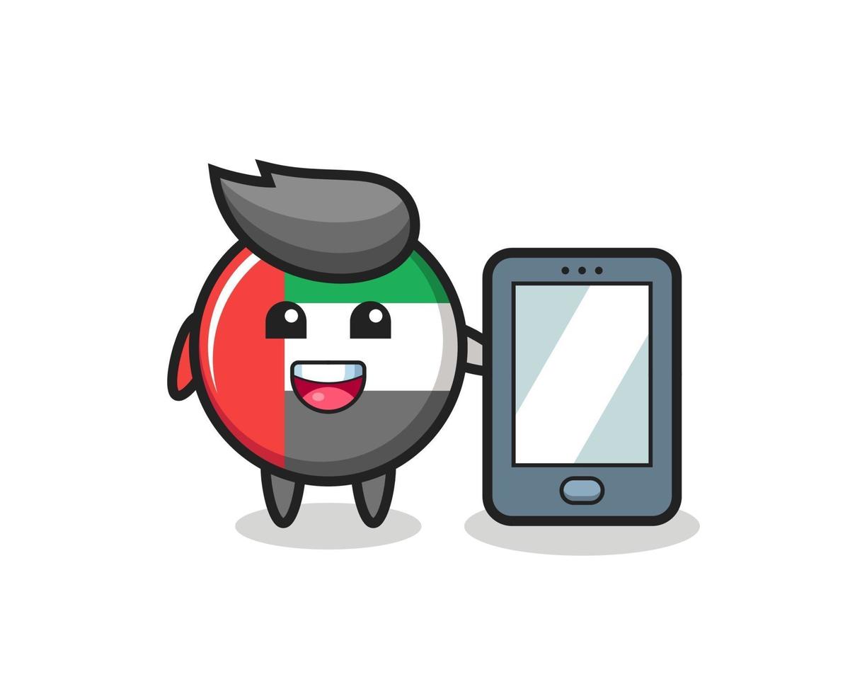 uae flag badge illustration cartoon holding a smartphone vector