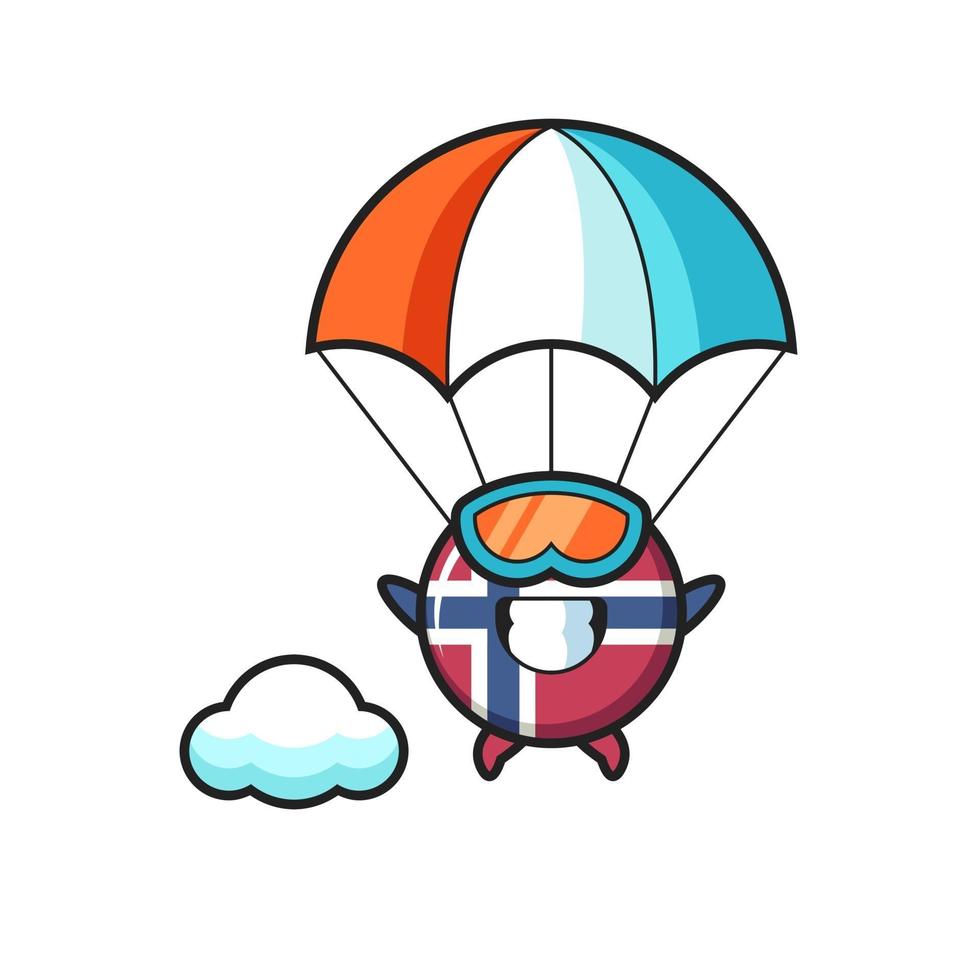 La historieta de la mascota de la insignia de la bandera de Noruega es paracaidismo con gesto feliz vector