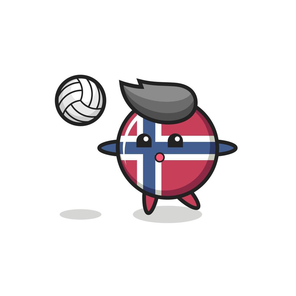 personaje de dibujos animados de la insignia de la bandera de noruega está jugando voleibol vector