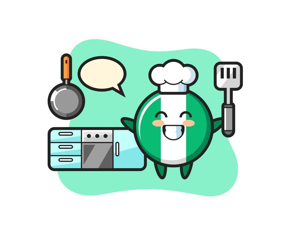 ilustración de personaje de insignia de bandera de nigeria mientras un chef está cocinando vector