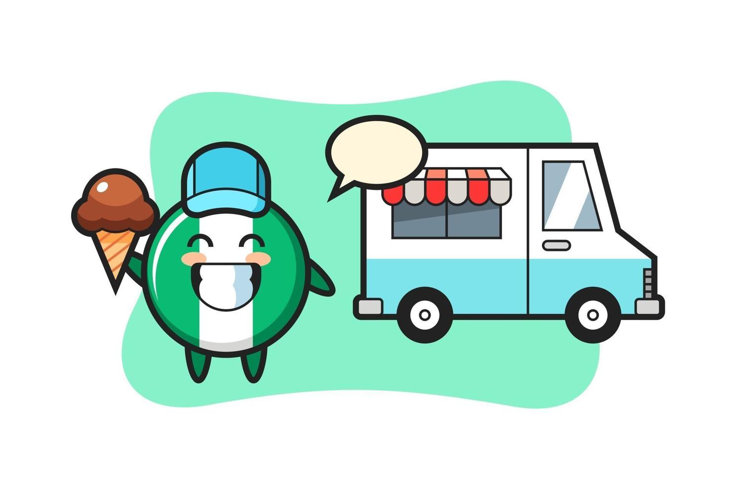 mascota, caricatura, de, nigeria, bandera, insignia, con, helado, camión vector