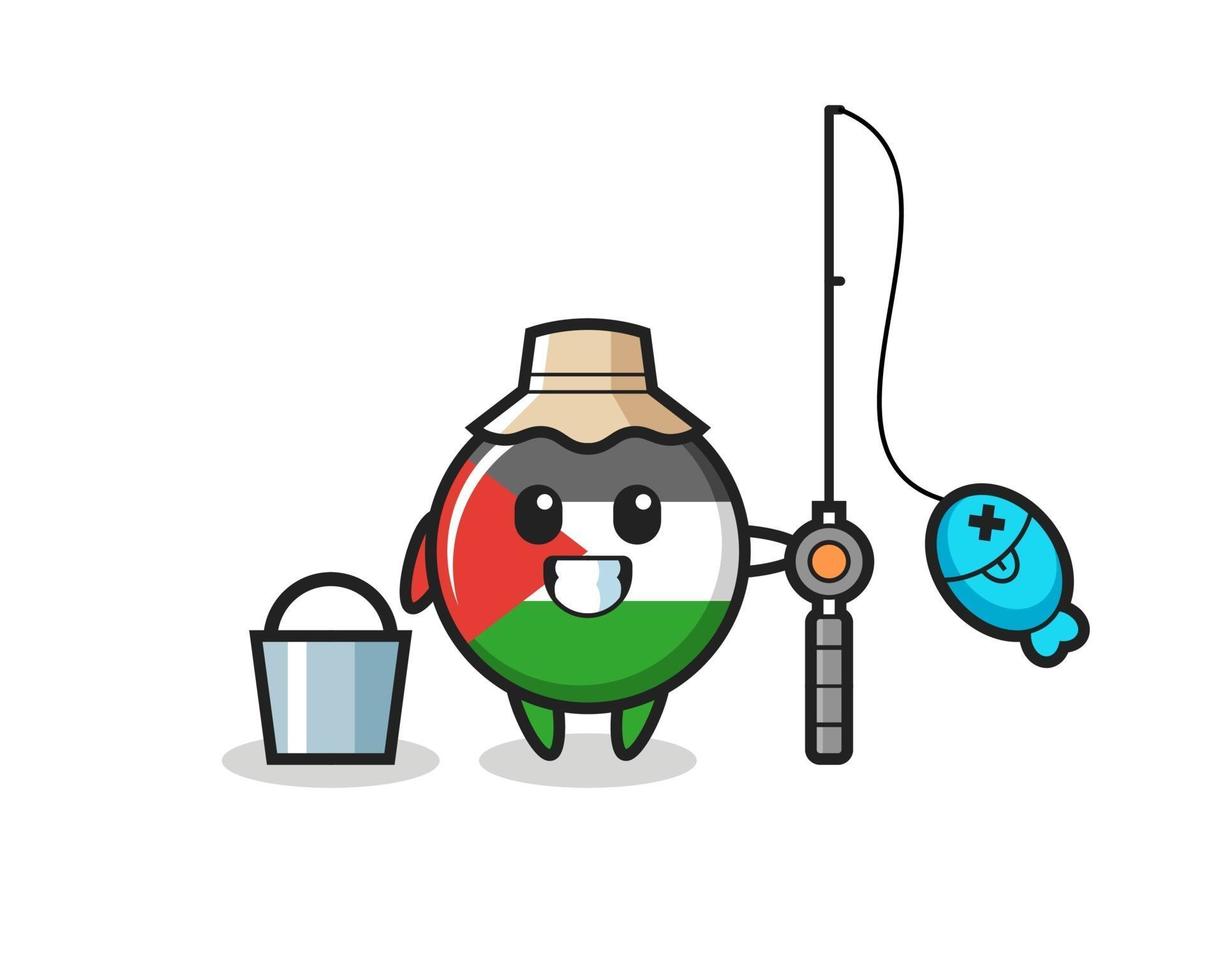 Personaje de mascota de la insignia de la bandera de Palestina como pescador. vector