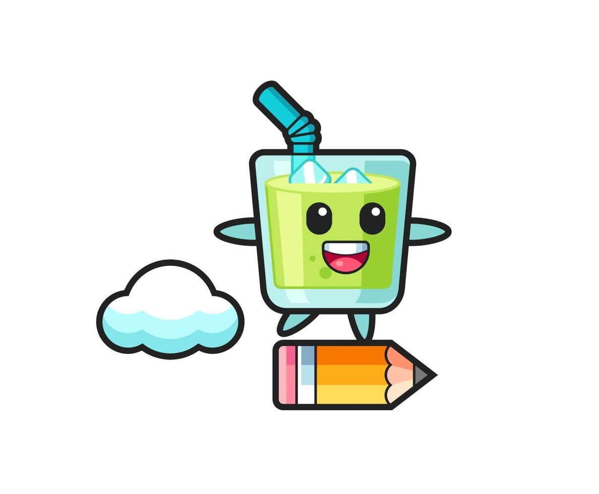 melon juice mascot illustration riding on a giant pencil vector