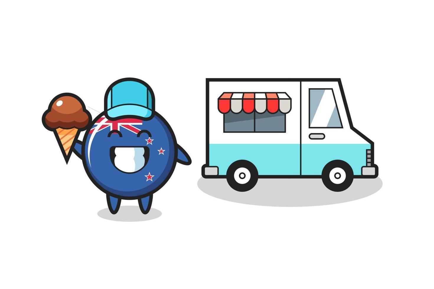 mascota de dibujos animados de la insignia de la bandera de nueva zelanda con camión de helados vector