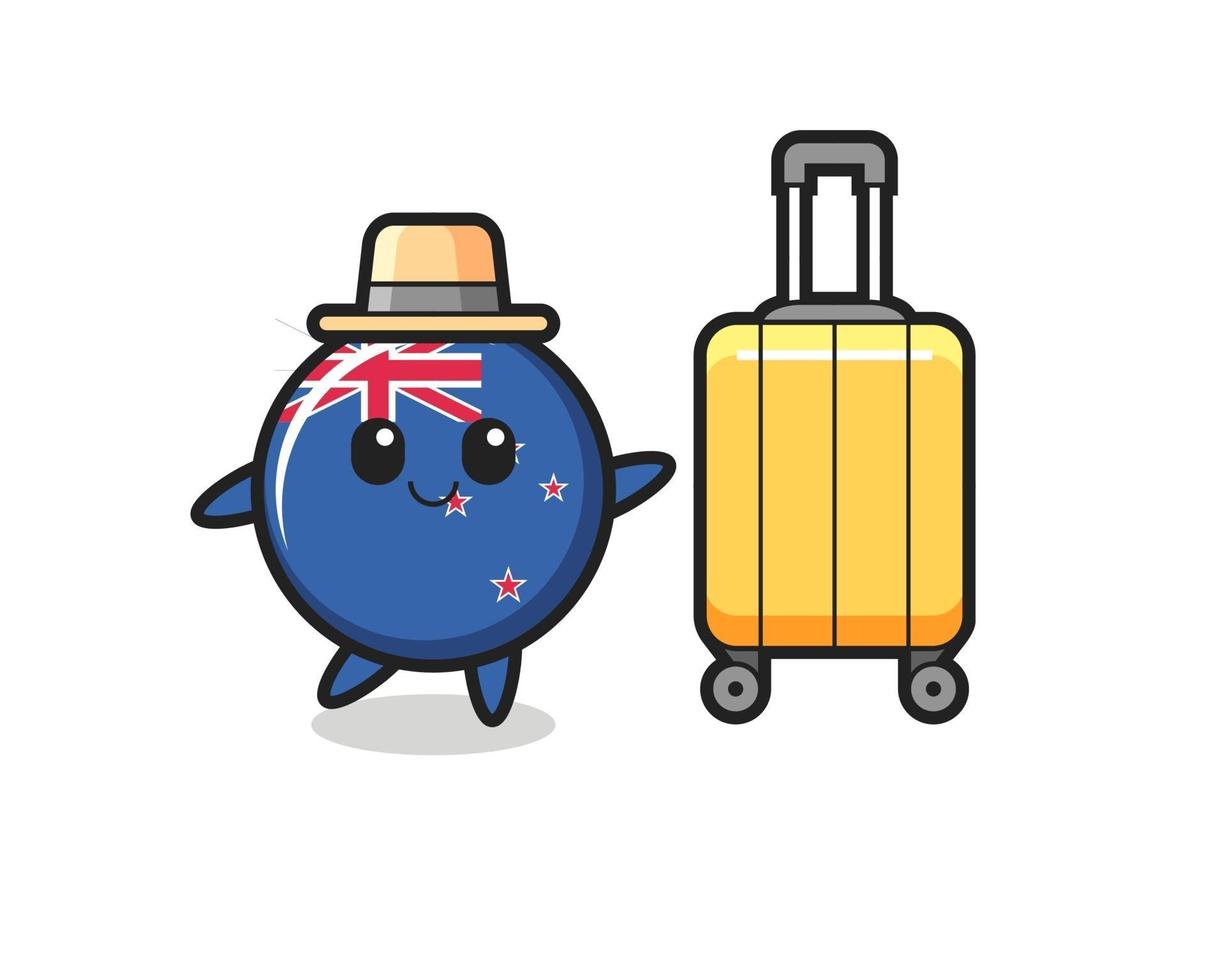 new zealand flag badge cartoon illustration with luggage on vacation vector