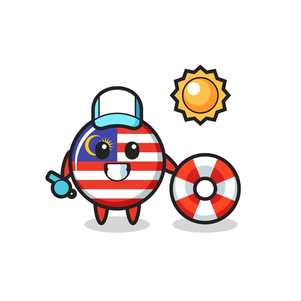 mascota de dibujos animados de la insignia de la bandera de malasia como guardia de playa vector