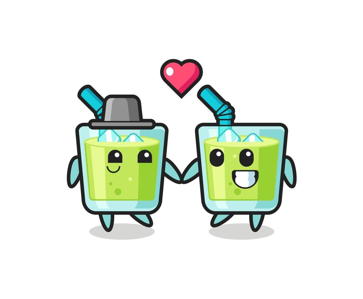 pareja de personaje de dibujos animados de jugo de melón con gesto de enamora vector