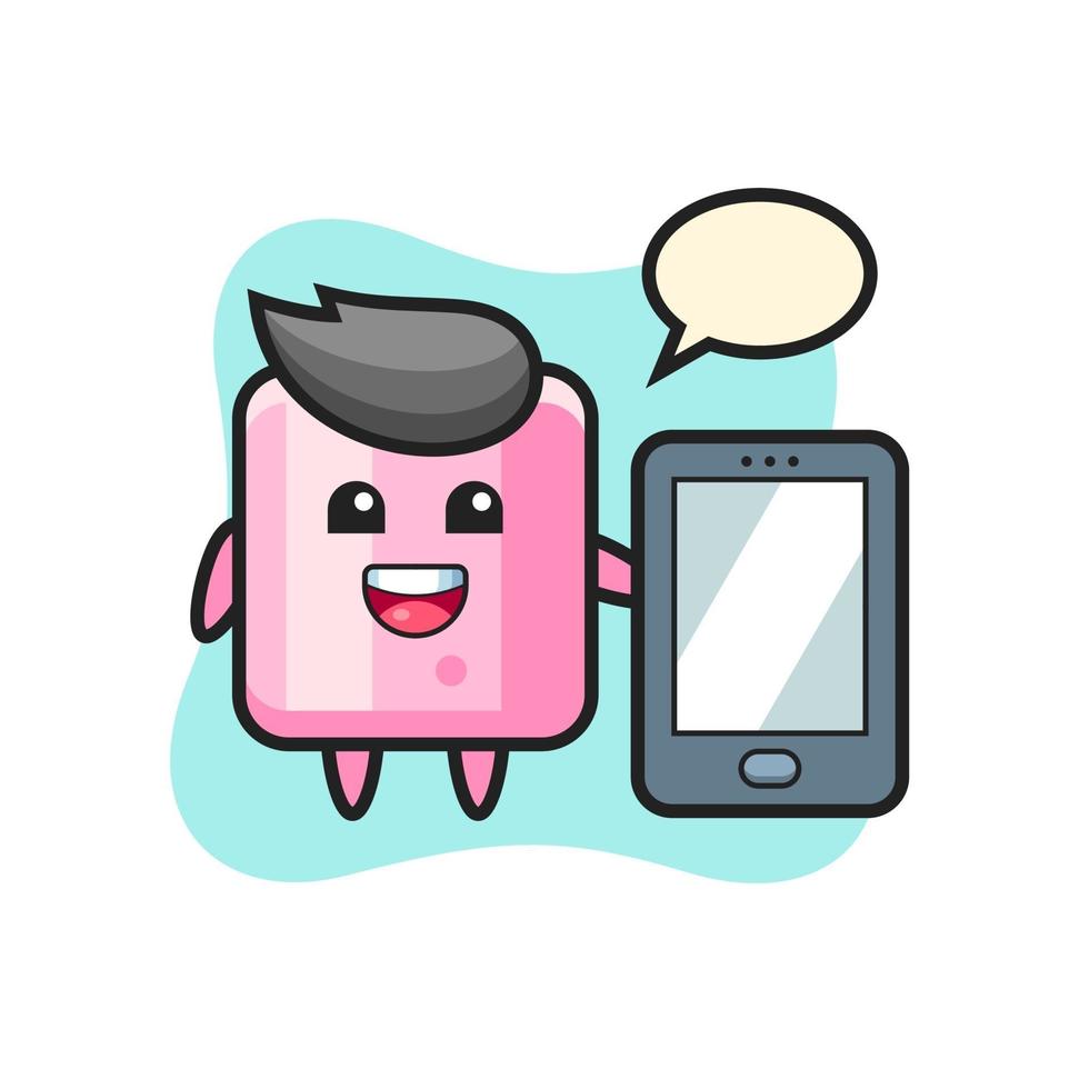 marshmallow illustration cartoon holding a smartphone vector