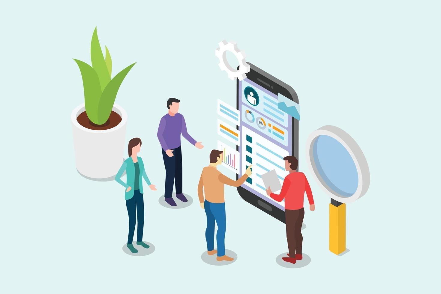 isometric ui and ux designer concept with team people working vector