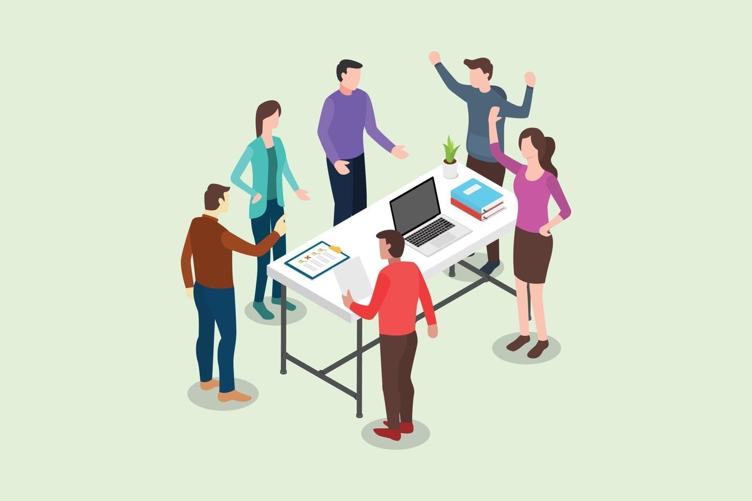 isometric stand up or standing meeting concept vector